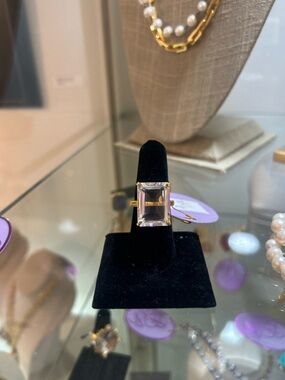14K Gold Filled Band Ring with Clear Emerald-Cut Crystal - Women Jewelry